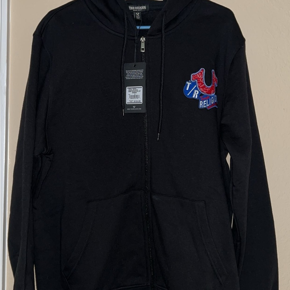 True Religion Black Zip-Up with Red and Blue Logo